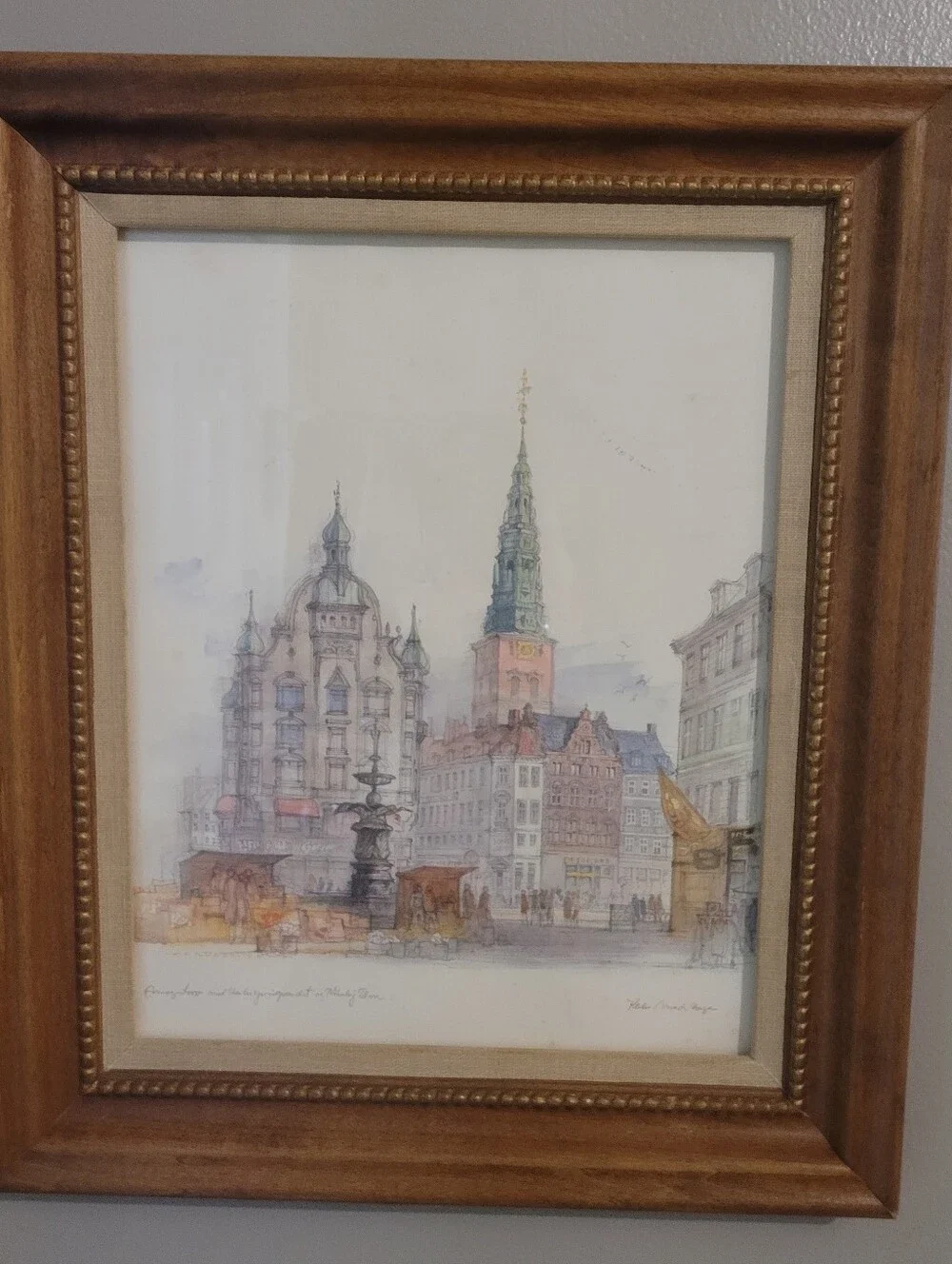 Mid-Century Danish Artist Mads Stage Copenhagen Cityscape Watercolor Print Frame